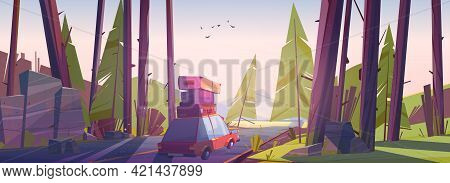 Car Travel, Road Trip At Summer Vacation, Holidays Journey On Automobile With Bags On Roof Going At 