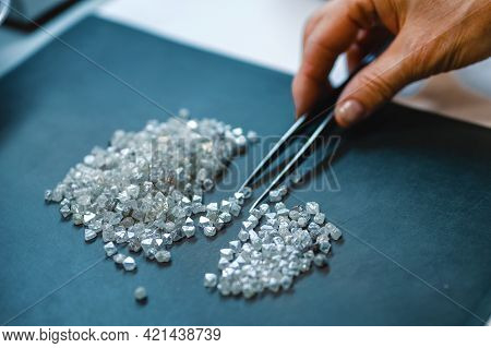 Manual Sorting Of Diamonds. A Hand With Tweezers Transfers Diamonds From One Pile To Another.