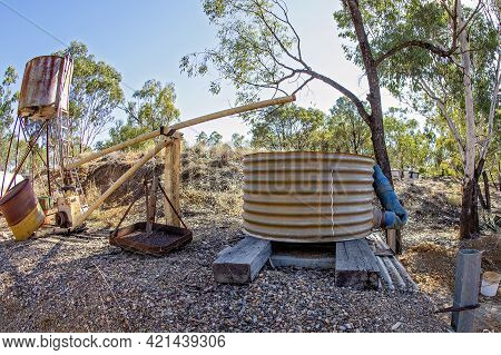 Small Water Tank At A Tourist Recreational Fossicking Park In Outback Australia, Fish Eye Lens