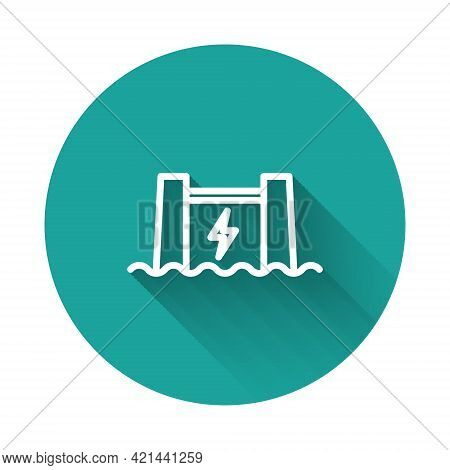 White Line Hydroelectric Dam Icon Isolated With Long Shadow Background. Water Energy Plant. Hydropow