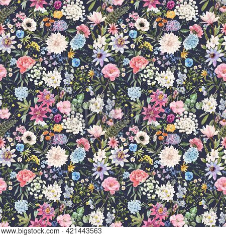 Beautiful Vector Seamless Floral Pattern With Watercolor Hand Drawn Gentle Summer Flowers. Stock Ill