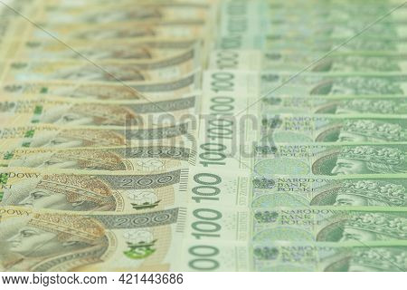 Polish Money, Pln 100 And 200 Pln. Layout Of Large Bills Of Money. Photo Of Polish Banknotes, Zloty 