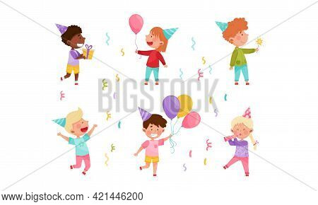 Kid Characters In Birthday Hat At Party Holding Gift Box And Balloons Vector Illustration Set