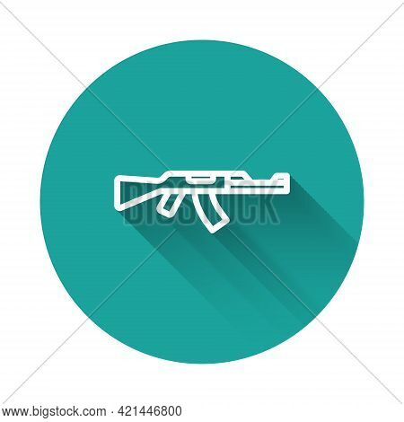 White Line Submachine Gun Icon Isolated With Long Shadow Background. Kalashnikov Or Ak47. Green Circ