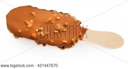 Caramel Stick Ice Cream Isolated On White Background. Vanilla Eskimo Ice-cream Bar  With Chocolate A