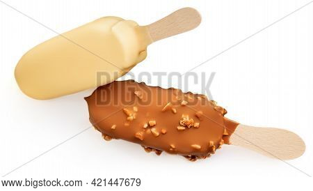 Stick Ice Cream Isolated On White Background. Vanilla Eskimo Ice-cream Bar. Popsicle And Lolly Sweet