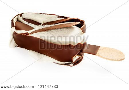 Crushed Stick Ice Cream Isolated On White Background. Vanilla Eskimo Ice-cream Bar. Popsicle And Lol