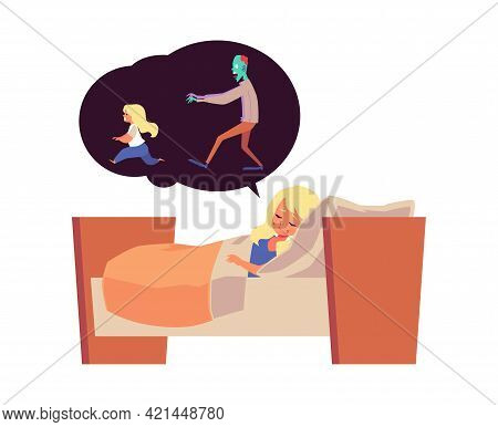 Little Girl Has Bad Scary Dream Or Nightmare, Flat Vector Illustration Isolated.