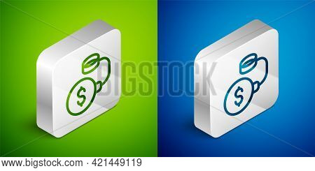 Isometric Line Debt Ball Chained To Dollar Coin Icon Isolated On Green And Blue Background. Big Heav