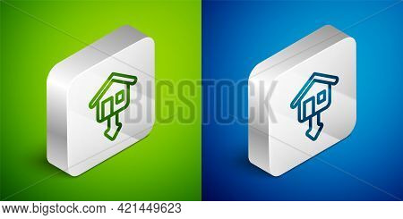 Isometric Line Property And Housing Market Collapse Icon Isolated On Green And Blue Background. Fall