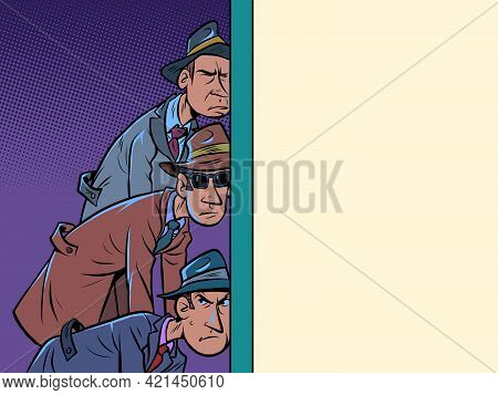 Retro Spies Listening Through The Wall. A Few Men Put Their Ear To It And Learn The Secrets