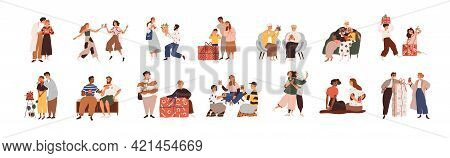Set Of Happy People Giving And Receiving Gifts, Presenting Flowers. Families, Friends, Love Couples 