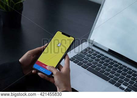 Chiang Mai, Thailand, Apr 6, 2021 : Snapchat Application Icon On Apple Iphone X Smartphone Screen Cl