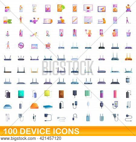 100 Device Icons Set. Cartoon Illustration Of 100 Device Icons Vector Set Isolated On White Backgrou