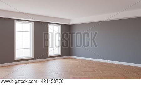 Beautiful Interior Corner With Gray Walls, Parquet Floor, Two Large White Windows And A White Plinth