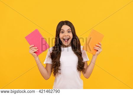Girl With Grammar Book. Bookish Kid In Book Store. Student Ready For Studying. Childrens Literature.