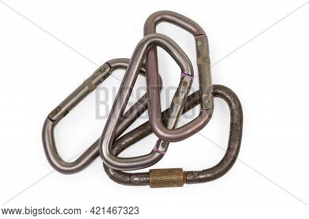 Vintage Steel Locking Triangular Shape Carabiner With Straight Screw Gate And Several Oval Titanium 