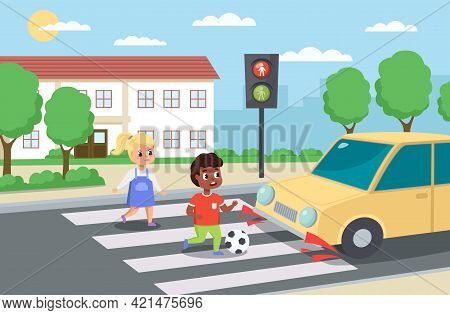 Violation Road Rules. Kids Abruptly Cross Path, Dangerous Scene, Playing Ball Roadway, Sudden Brakin