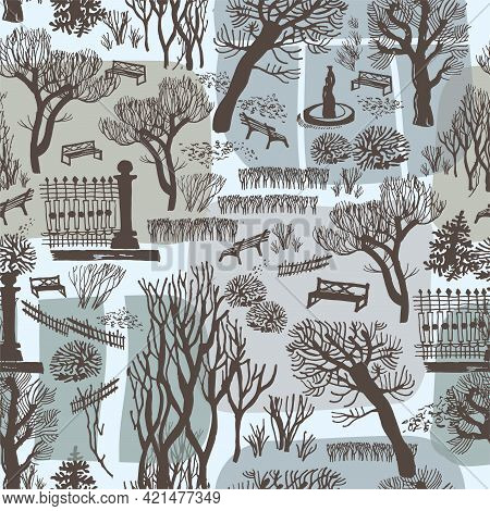 Winter Landscape With Trees, Benches And Fountain In City Park In Calm Halftones. Modern Doodle Seam
