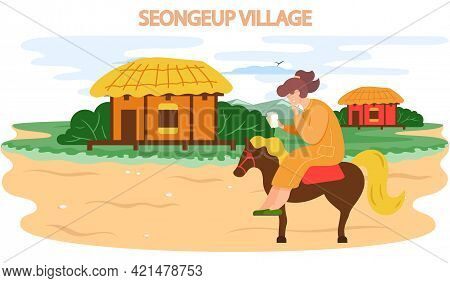 Seongeup Village Famous Landmark Of Jeju Island In South Korea. Thatched House Traditional Hut Stone