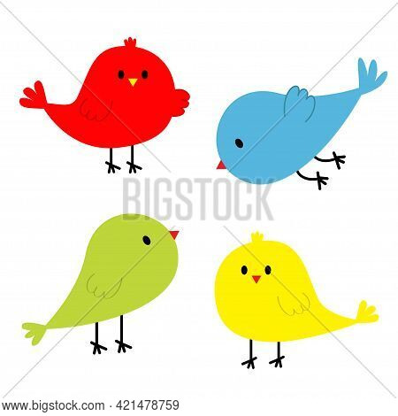 Four Bird Icon Set Line. Cute Cartoon Kawaii Character. Birds Baby Collection. Standing, Flying, Sin
