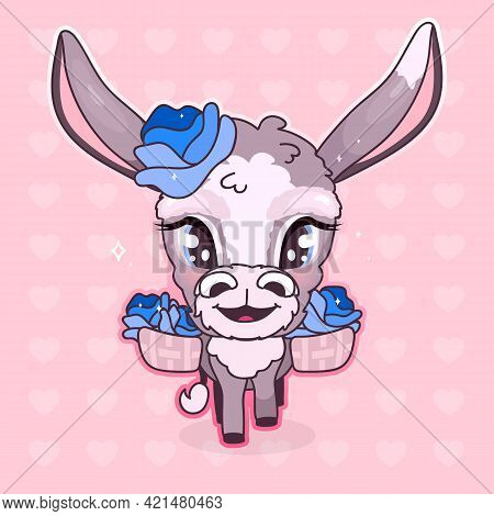 Cute Donkey Kawaii Cartoon Vector Character. Adorable And Funny Smiling And Happy Animal Isolated St