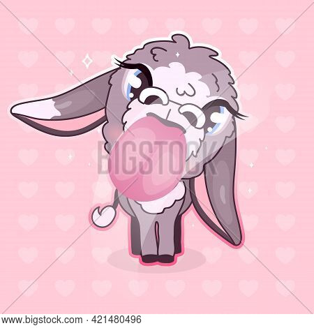 Cute Donkey Kawaii Cartoon Vector Character. Adorable And Funny Animal Licking With Big Tongue Isola