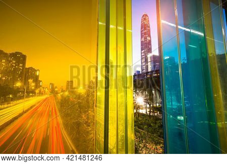 modern buildings in china shenzhen futian from elevated walkway at night