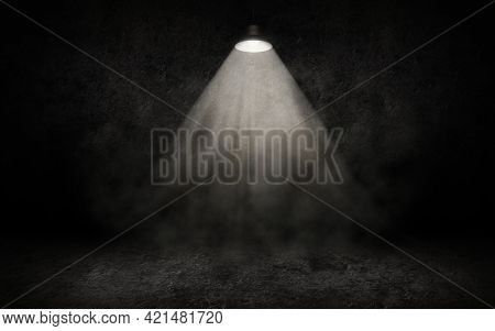 The Dark Stage Is Illuminated By A Spotlight. White Smoke. Background. Bright Beams Of A Spotlight. 