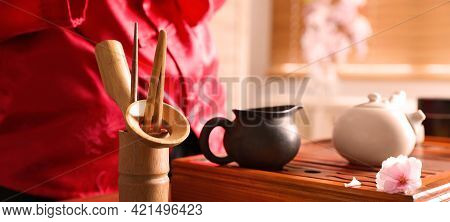 Traditional Tea Ceremony. Master Near Tools And Tray, Closeup