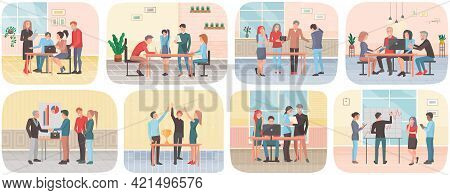 Business Characters Working In Office Workplace Flat Design. Co Working People, Meeting Teamwork, Co