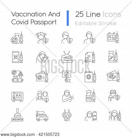 Vaccination And Covid Passport Linear Icons Set. Vaccine Distribution. Virus Treatment For Age Group