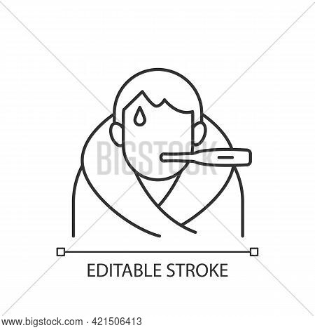 Fever Linear Icon. Disease Symptom. Patient With Temperature. Vaccination Side Effect. Thin Line Cus
