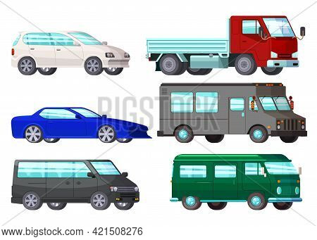 Isolated Orthogonal Cartoon Style Car Images Set With Six Cars Of Different Colour And Auto Bodyshel