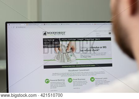 New York, Usa - 1 May 2021: Woodforest Company Website On Screen, Illustrative Editorial