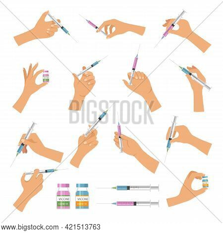 Hand Holding Syringe. Doctor Make Vaccination Patient Laboratory Research Covid Injection Hospital I