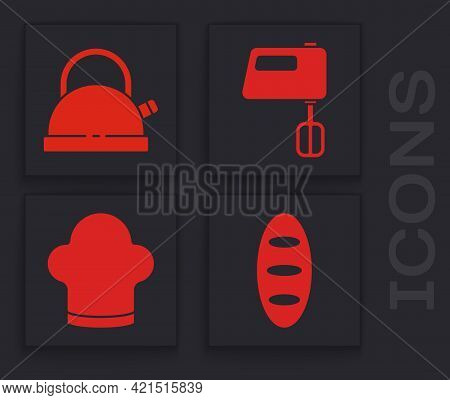 Set Bread Loaf, Kettle With Handle, Electric Mixer And Chef Hat Icon. Vector