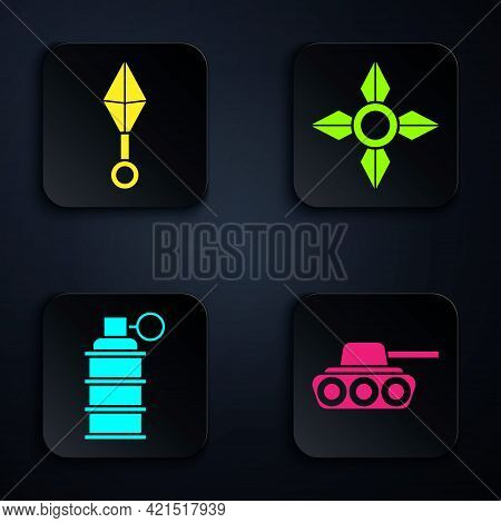 Set Military Tank, Japanese Ninja Shuriken, Hand Grenade And Japanese Ninja Shuriken. Black Square B