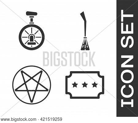 Set Ticket, Unicycle Or One Wheel Bicycle, Pentagram In A Circle And Witches Broom Icon. Vector
