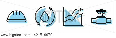 Set Line Oil Price Increase, Worker Safety Helmet, Oil Drop And Industry Pipe And Valve Icon. Vector