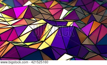 4k 3d Illustration Of Abstract Floating Rainbow Shimmering Triangles In A Wavy Motion. Stylized Cart