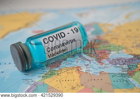 Bangkok, Thailand - March 1, 2021, Coronavirus Covid-19 Vaccine On Europe Map, Development Medical F