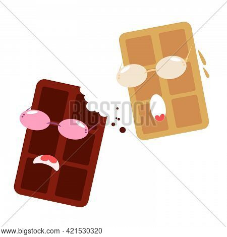 Cartoon Chocolate. White Chocolate Is Horrified By The Fact That Dark Chocolate Is Nibbled. Chocolat