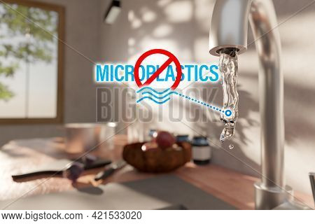 Microplastics Free Drinking Water Concept. Filtered Drinking Water In Kitchen Without Microplastics.
