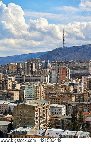Panorama Of A Densely Populated City. Tbilisi City Landscape From Above