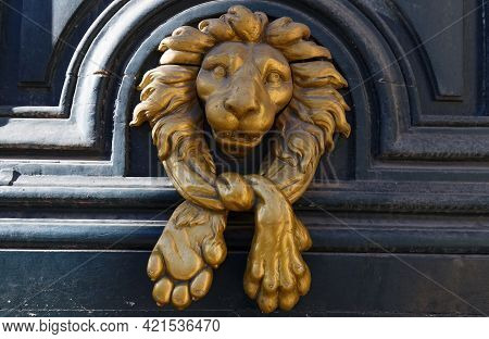European Vintage Old Metal Wrought Iron Door Knocker. Design Detail. Paris.