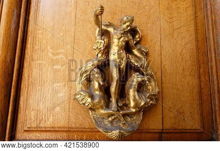 European Vintage Old Metal Wrought Iron Door Knocker. Design Detail. Paris.