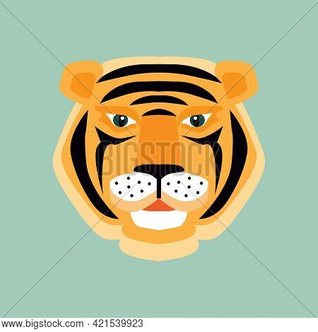 Tiger Icon Head Silhouette, Tiger- Simbol 2022 Year. Vector Flat Illustration In Cartoon Style.