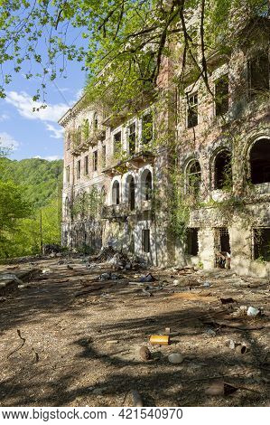 Abandoned House Destroyed By War. Mining Ghost-town Akarmara, Post-apocalyptic Concept. Remnant Of T