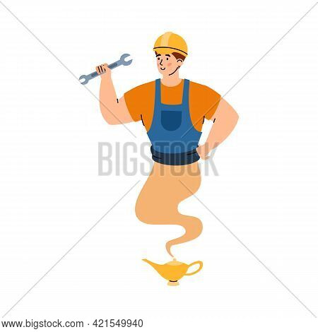 Mechanic Or Repairman Looking Like Genie, Cartoon Vector Illustration Isolated.